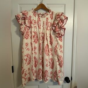 Umgee Cream Dress with Coral Floral Paisley Print and Ruffle Trim